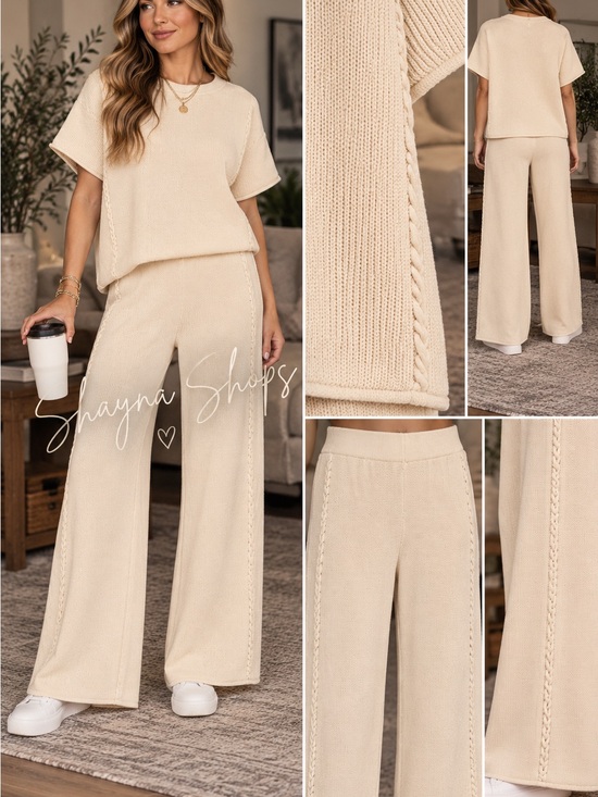 Zenana Outfitters Pants - Zenana Knit Wide-Leg Pant Set - Lt Beige